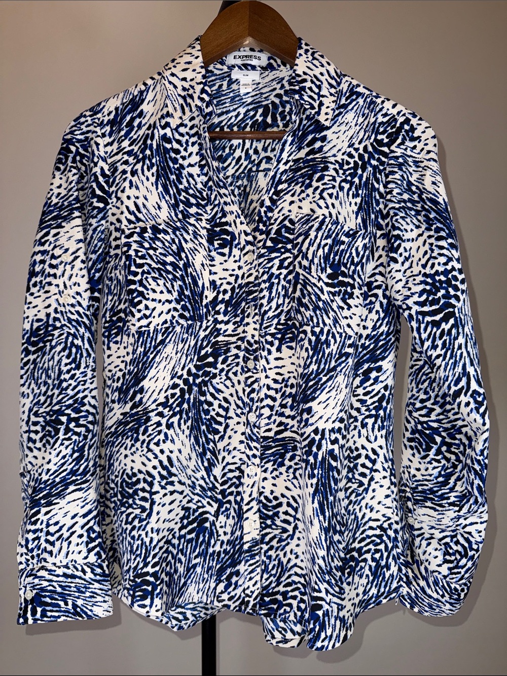 Express Slim Portofino Shirt - Navy Blue & White Zebra Print | Size Small